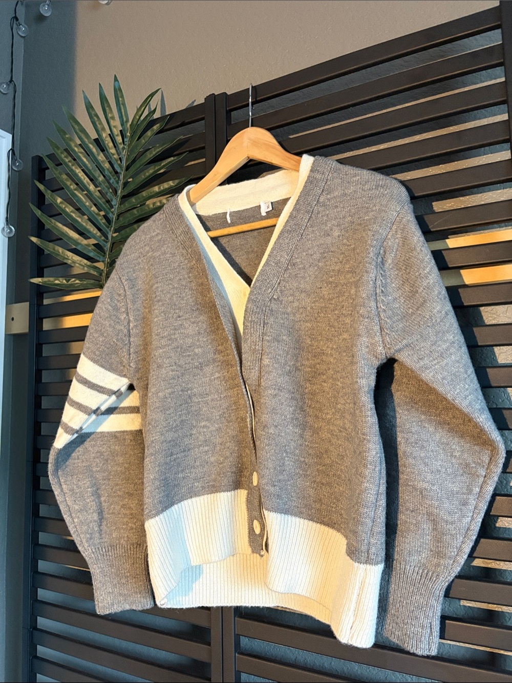 Gray and Cream V-Neck Button Front Cardigan Sweater - Women